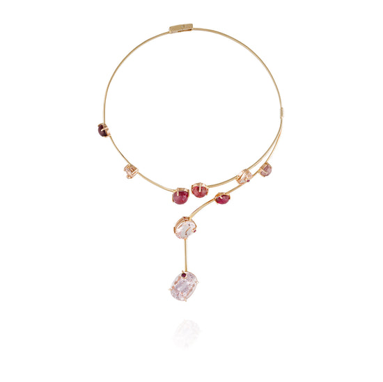 14K Rose Gold Cuff Necklace with Morganite, Pink Turmalina, & Ruby