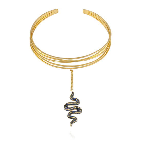925 Silver Snake Cuff Necklace with Blue Sapphire