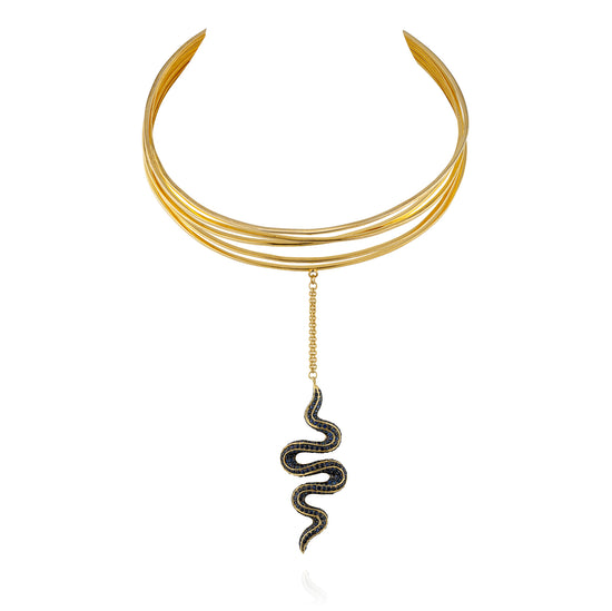 925 Silver Snake Cuff Necklace with Blue Sapphire