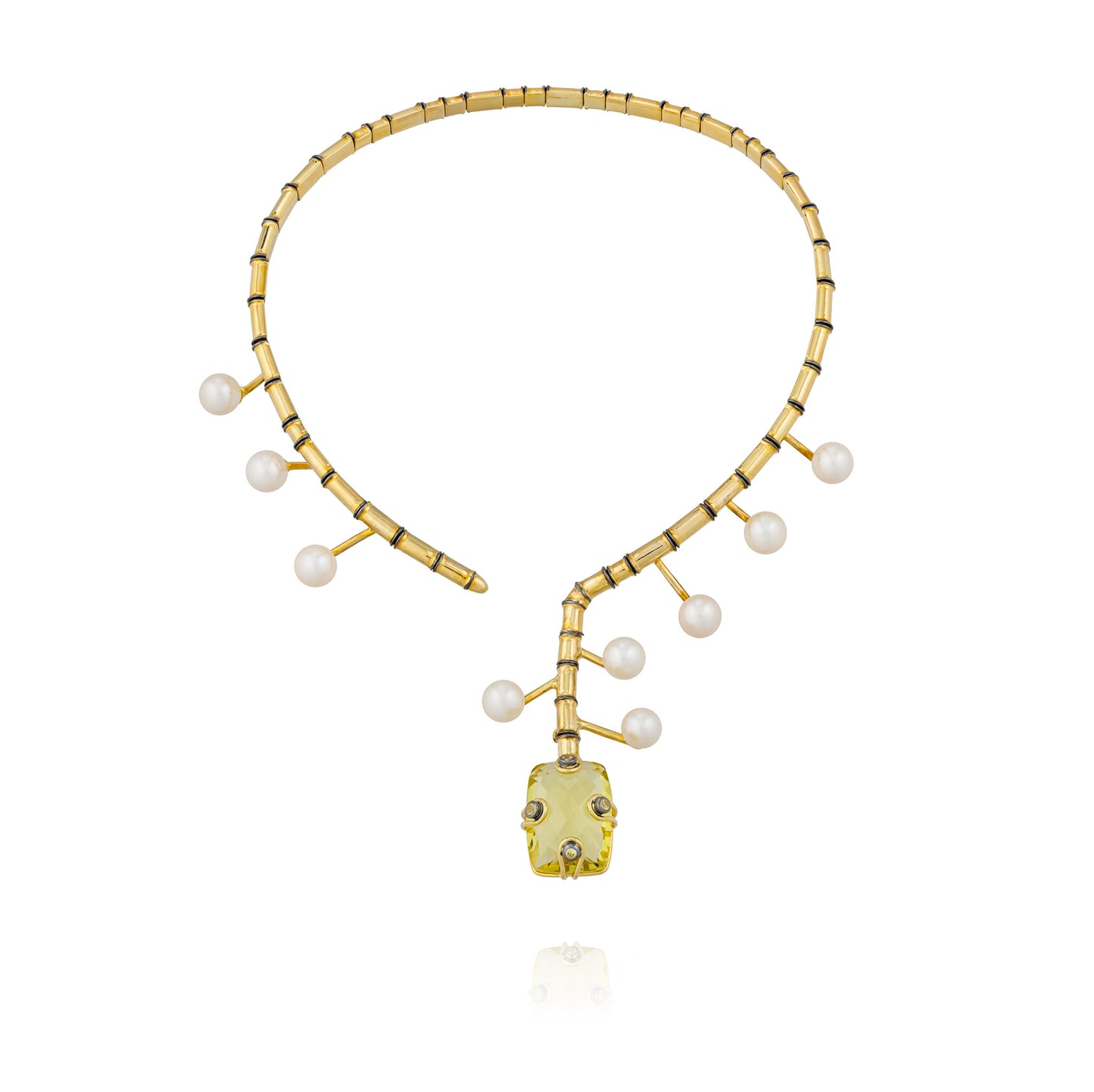 925 Silver Necklace Plated in 18K Yellow Gold with Lemon Quartz, Fresh Water Pearls, & Sapphire