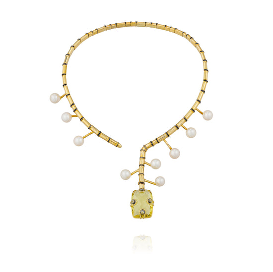 925 Silver Necklace Plated in 18K Yellow Gold with Lemon Quartz, Fresh Water Pearls, & Sapphire