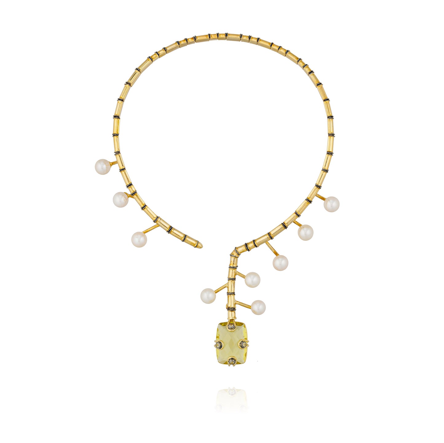 925 Silver Necklace Plated in 18K Yellow Gold with Lemon Quartz, Fresh Water Pearls, & Sapphire