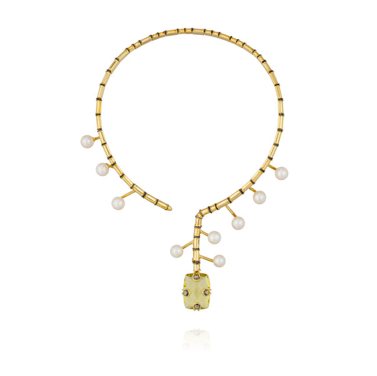 925 Silver Necklace Plated in 18K Yellow Gold with Lemon Quartz, Fresh Water Pearls, & Sapphire