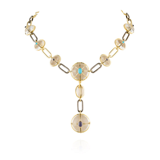925 Silver Necklace with Quartz, Turquoise, & Iolite