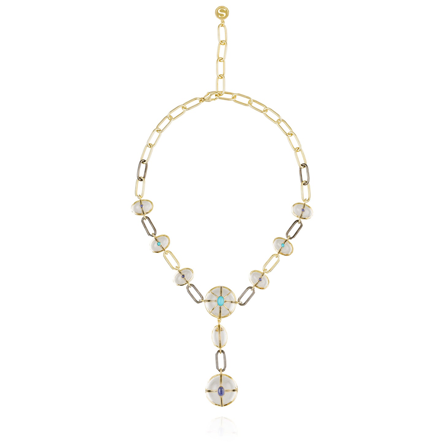 925 Silver Necklace with Quartz, Turquoise, & Iolite