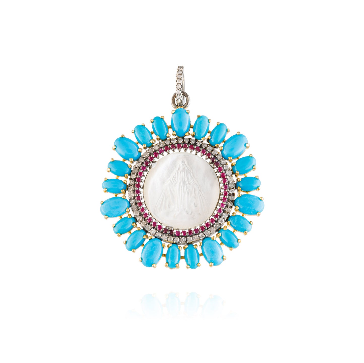 925 Silver Medal with Turquoise, Diamonds, Ruby, & Mother of Pearl