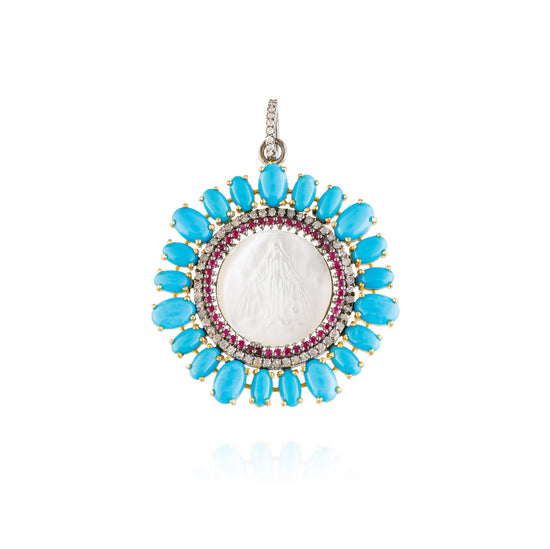 925 Silver Medal with Turquoise, Diamonds, Ruby, & Mother of Pearl
