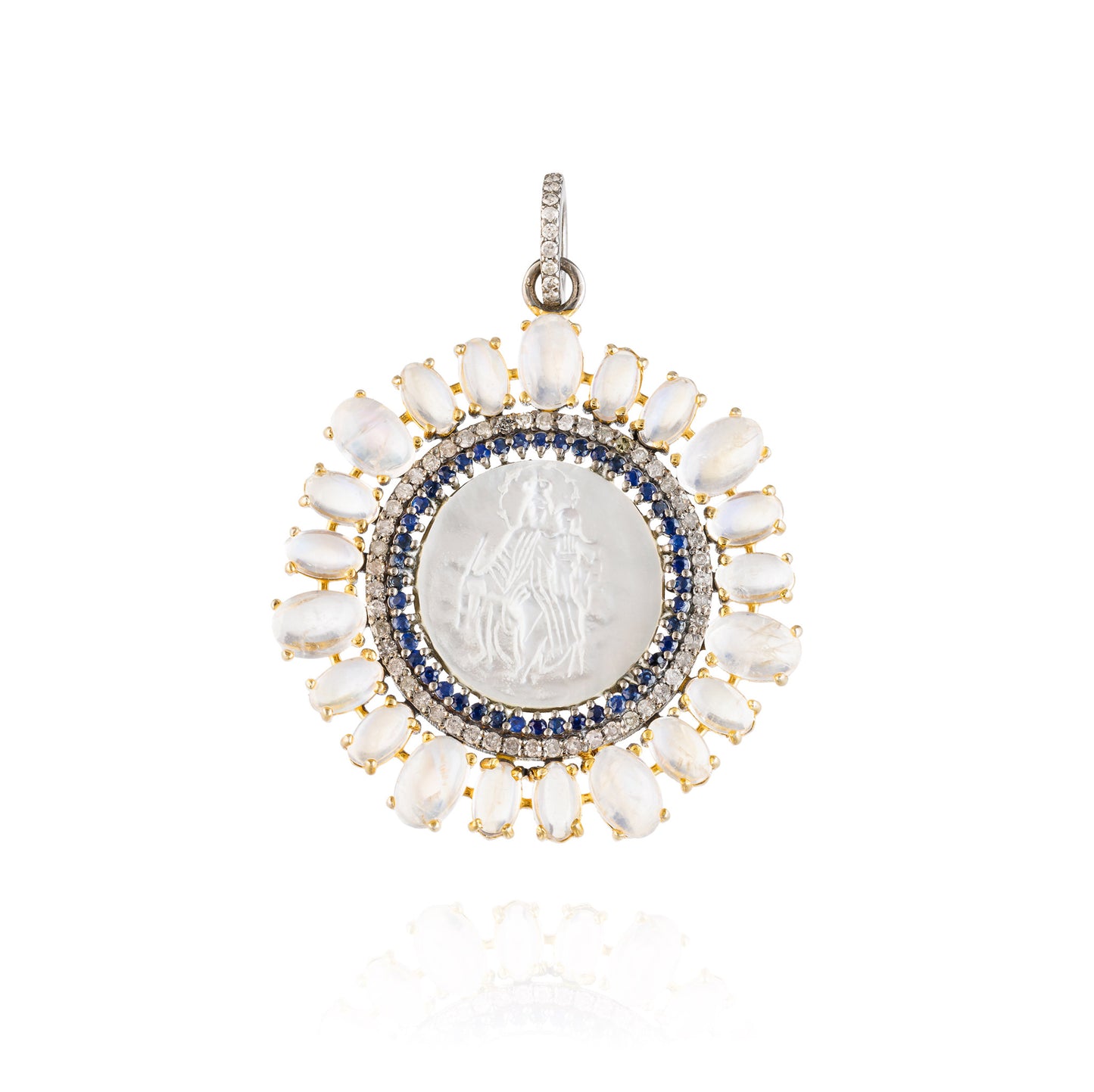 925 Silver Medal of Virgin of Miracles with Moonstone, Diamonds, Sapphire, & Mother of Pearl