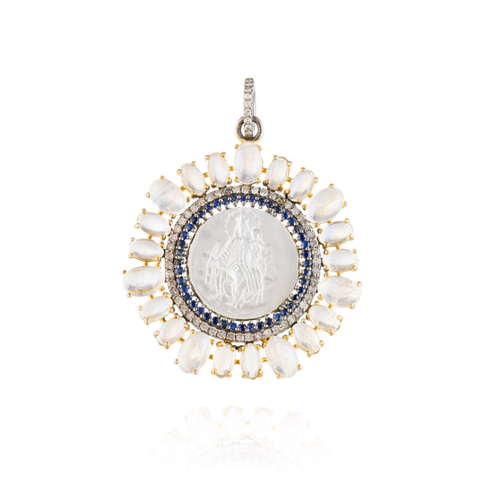 925 Silver Medal of Virgin of Miracles with Moonstone, Diamonds, Sapphire, & Mother of Pearl
