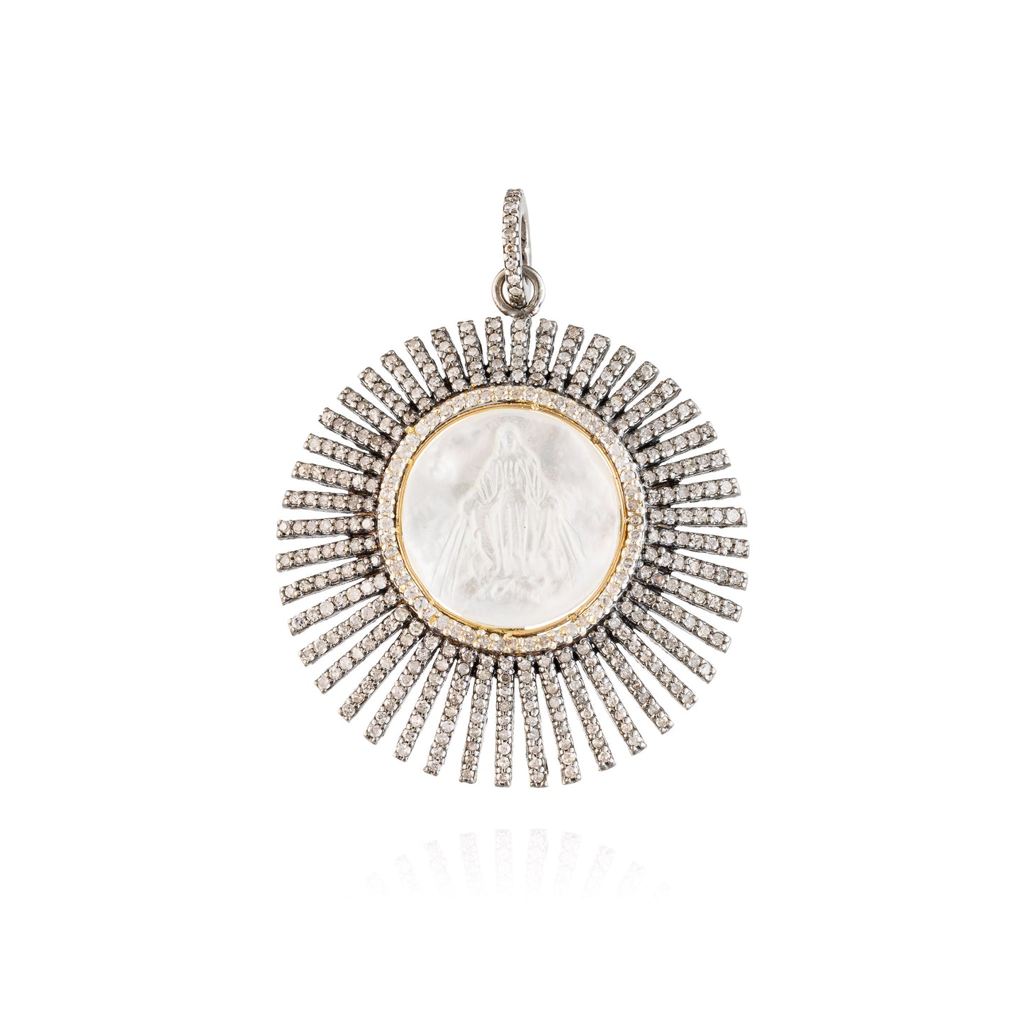 925 Silver Medal of Virgin of Miracles with Diamonds & Mother of Pearl