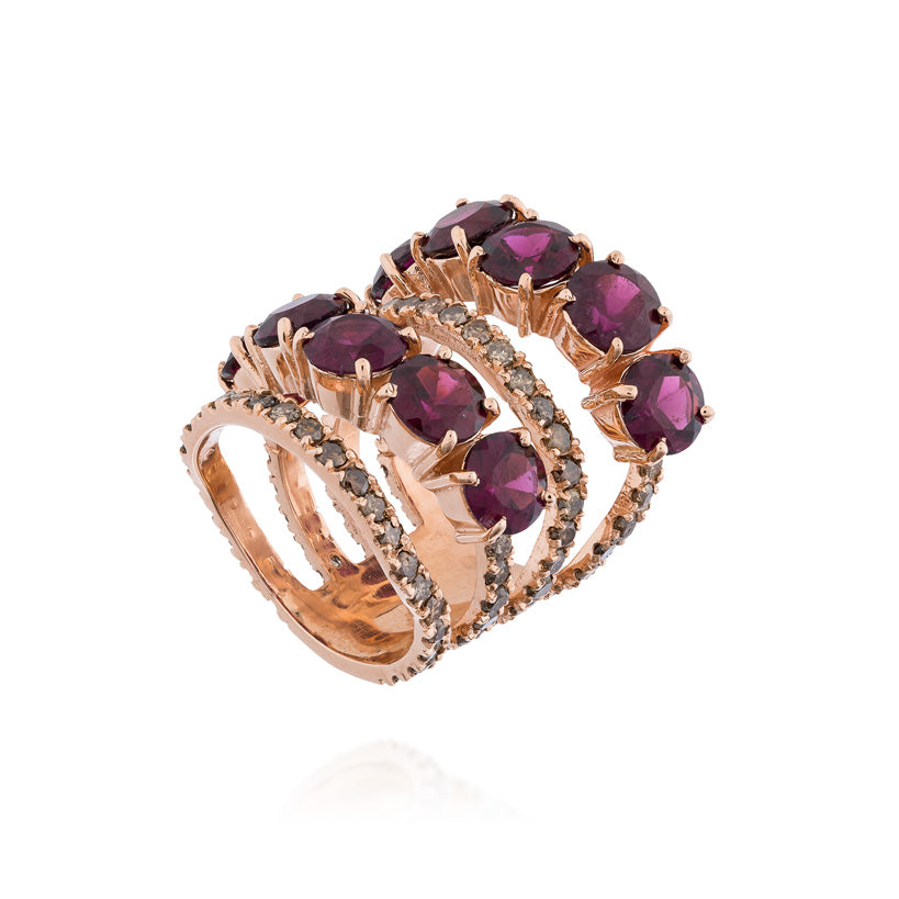 14K Rose Gold Ring with Garnets & Cognac Diamond