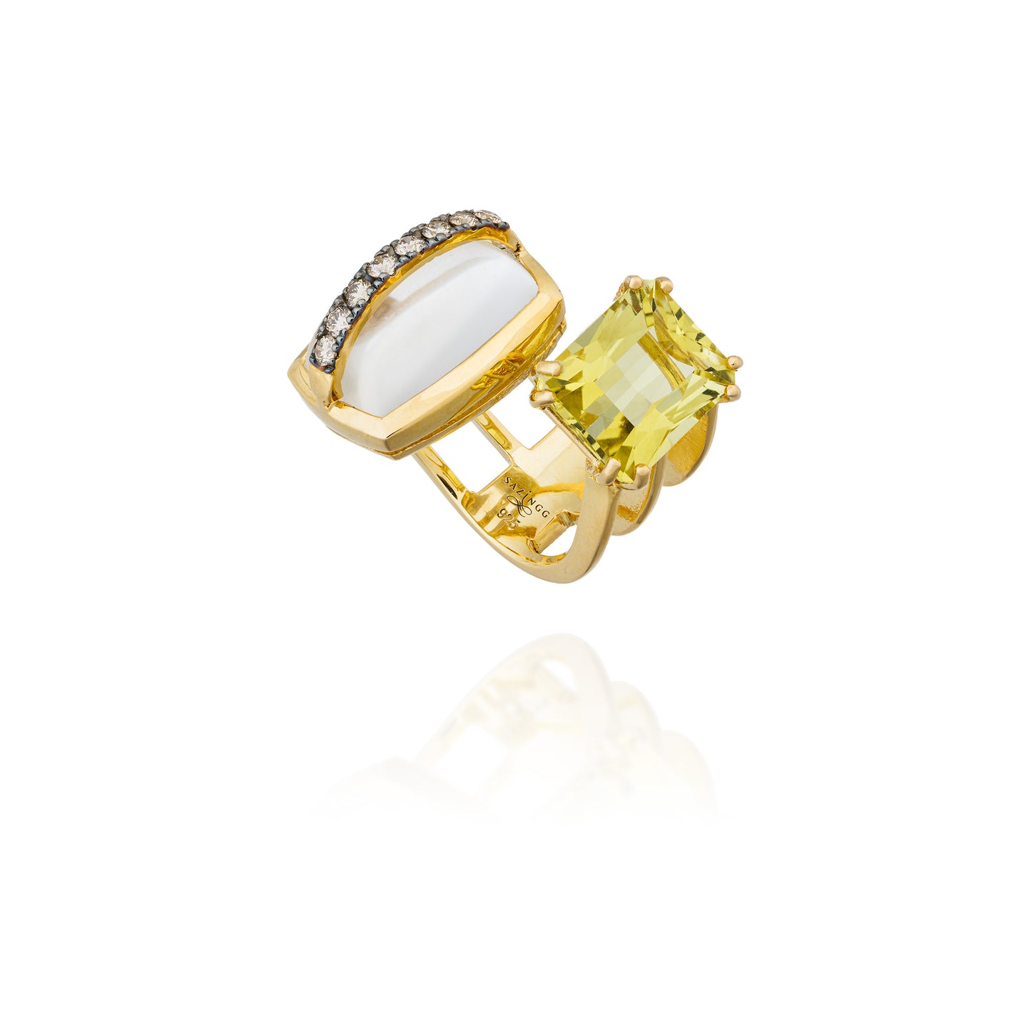 925 Silver Ring with White Quartz, Lemon Quartz & Diamond