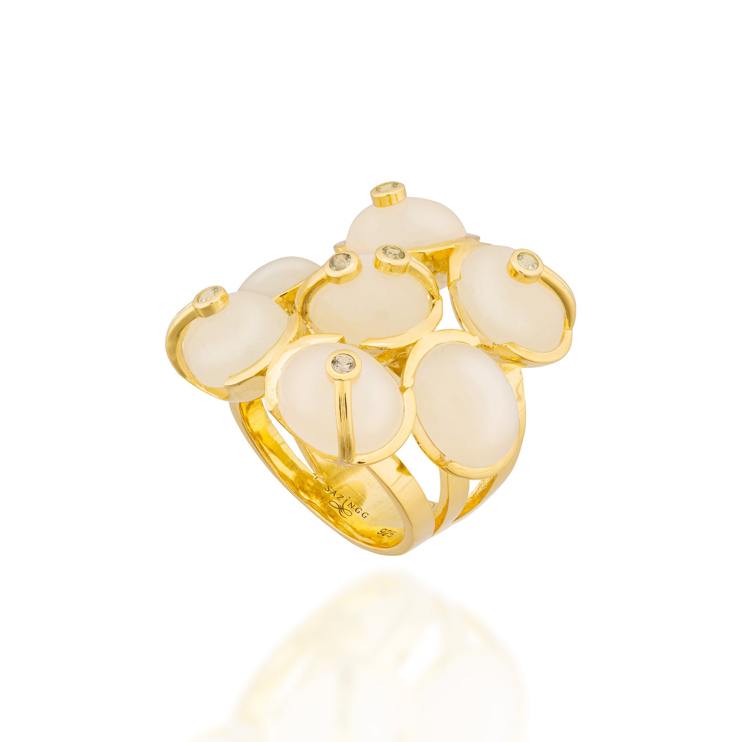 925 Silver CAB Ring with Moonstone & Green Sapphire
