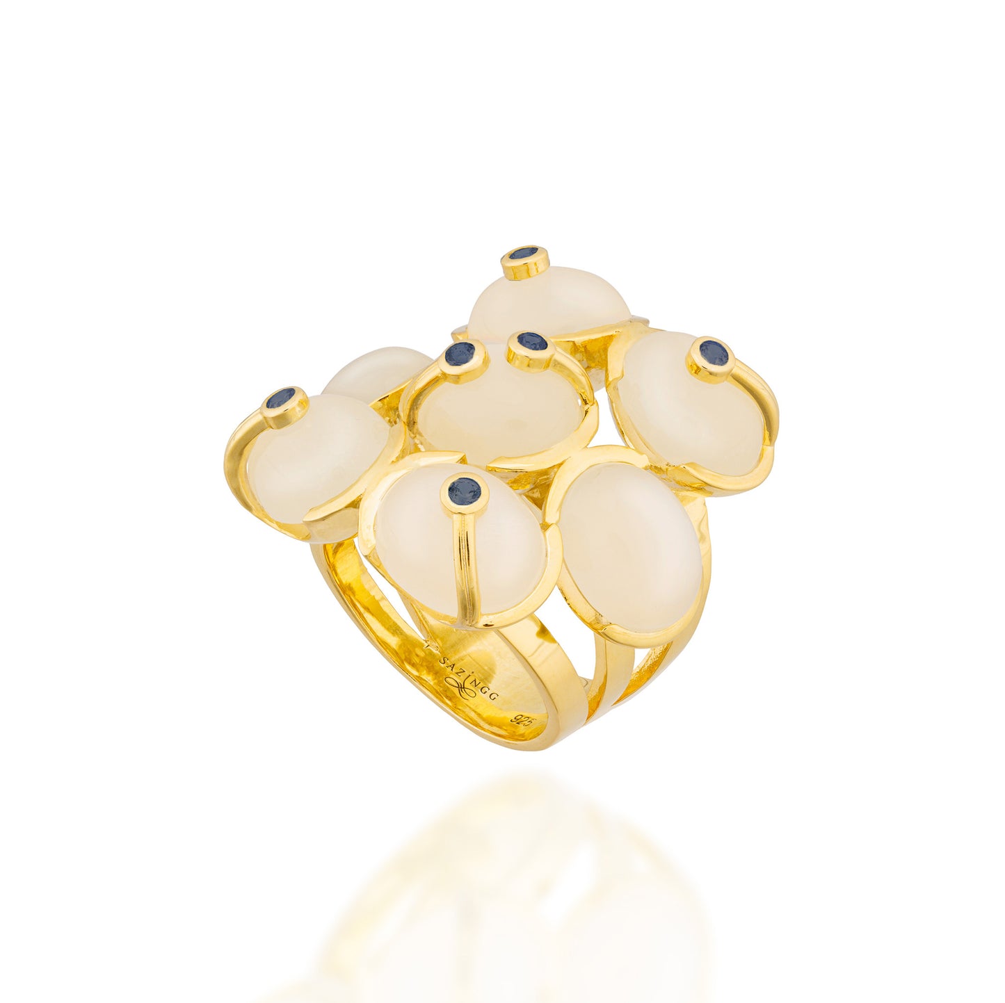 925 Silver CAB Ring with Moonstone & Blue Sapphire