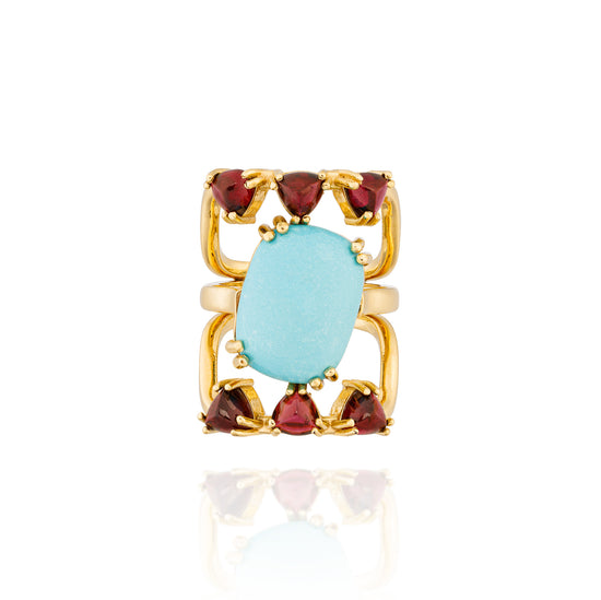 18K Yellow Gold Ring with Turquoise & Garnet