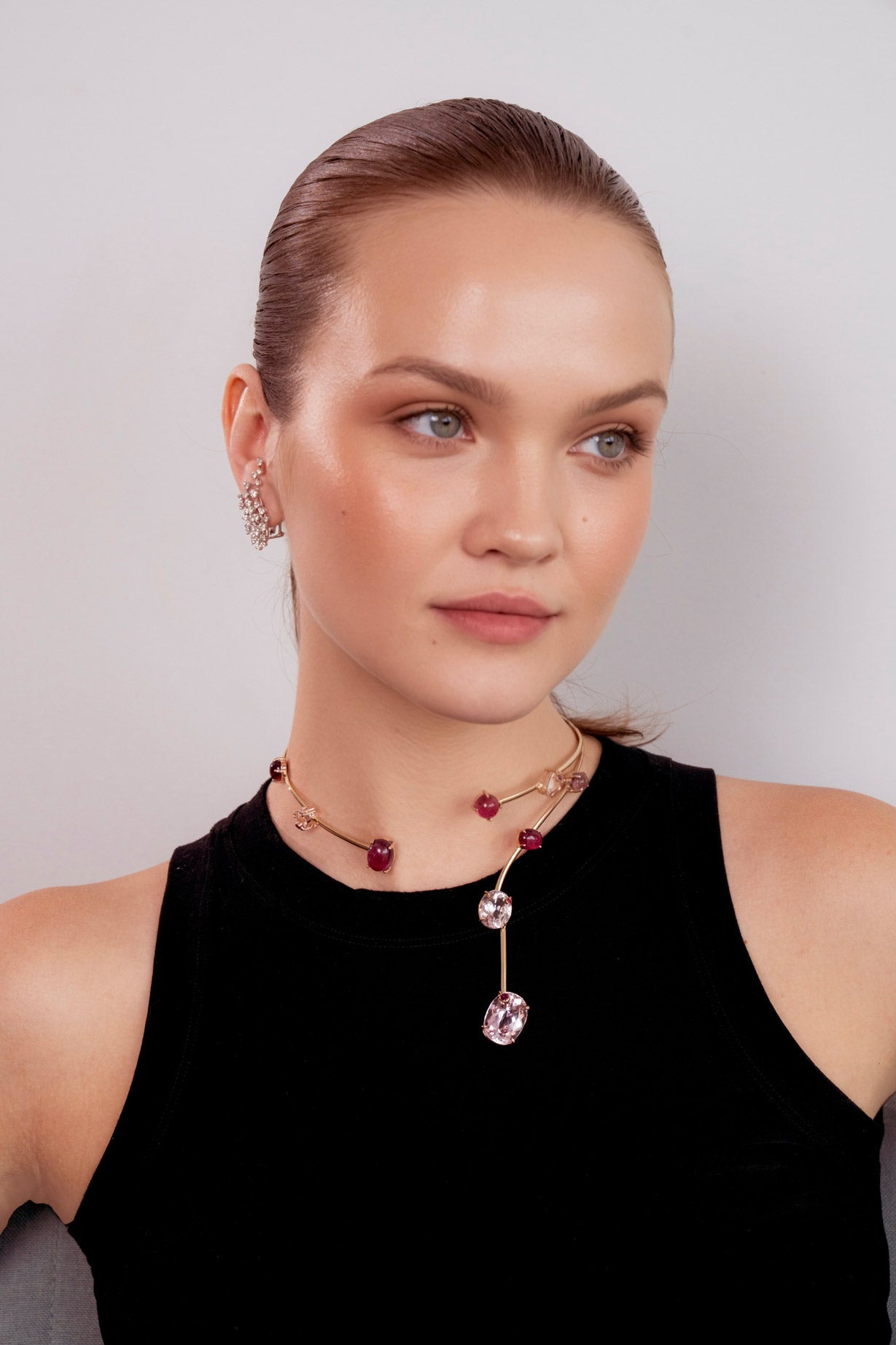 14K Rose Gold Cuff Necklace with Morganite, Pink Turmalina, & Ruby