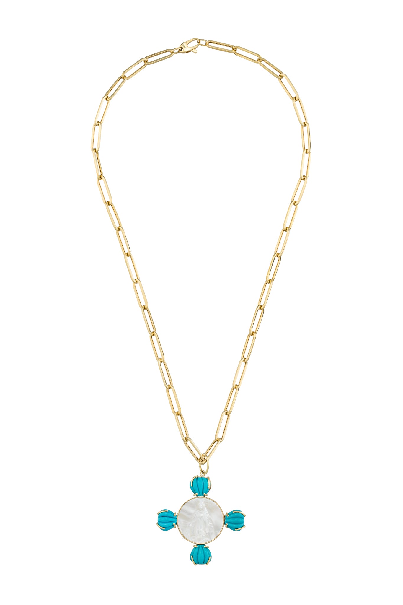 18K Yellow Gold Virgin's Medal with Mother of Pearl & Turquoise