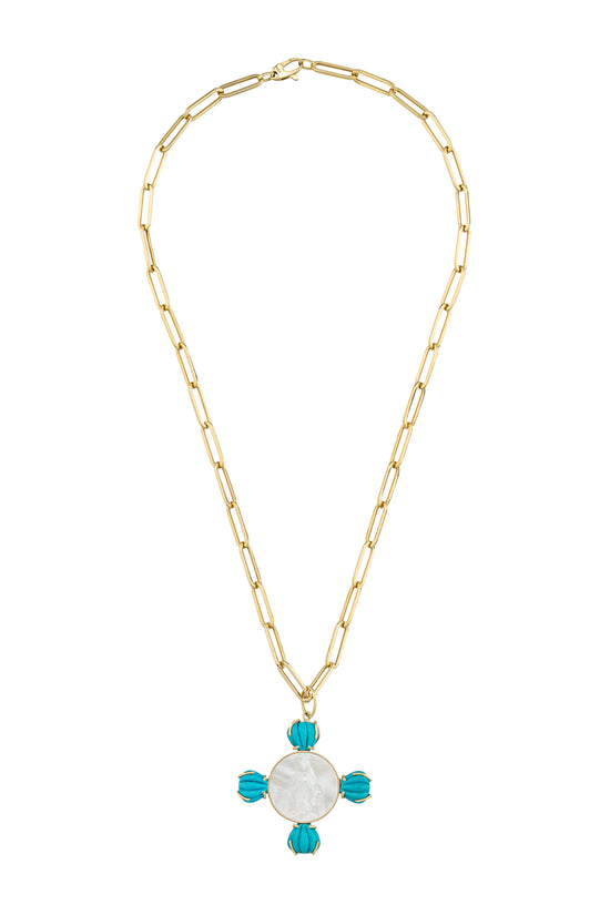 18K Yellow Gold Virgin's Medal with Mother of Pearl & Turquoise