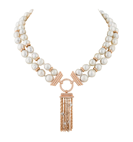 18KT Rose Gold Necklace with White Baroque South Sea Pearl & Diamonds