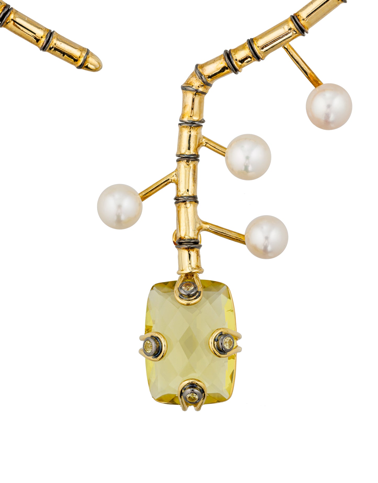 925 Silver Necklace Plated in 18K Yellow Gold with Lemon Quartz, Fresh Water Pearls, & Sapphire