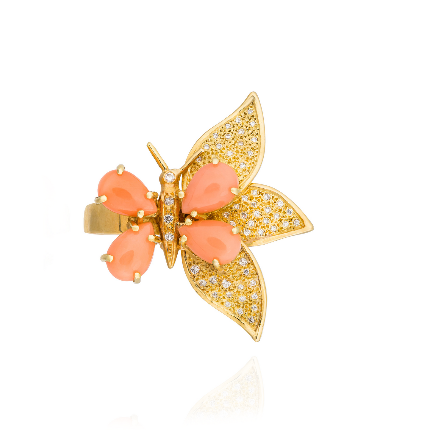 18KT Yellow Gold Butterfly Ring with Pink Coral Cabouchon &  Diamonds