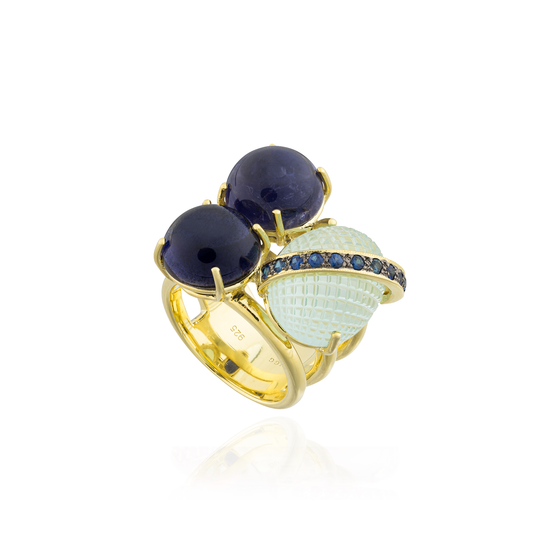 925 Silver Ring Yellow Gold Plated with Iolite Cab, Aquamarine & Sapphire