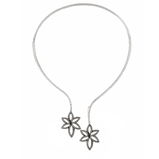 18K White Gold Diamond Cuff Necklace with 2 Diamond Flower Pendant