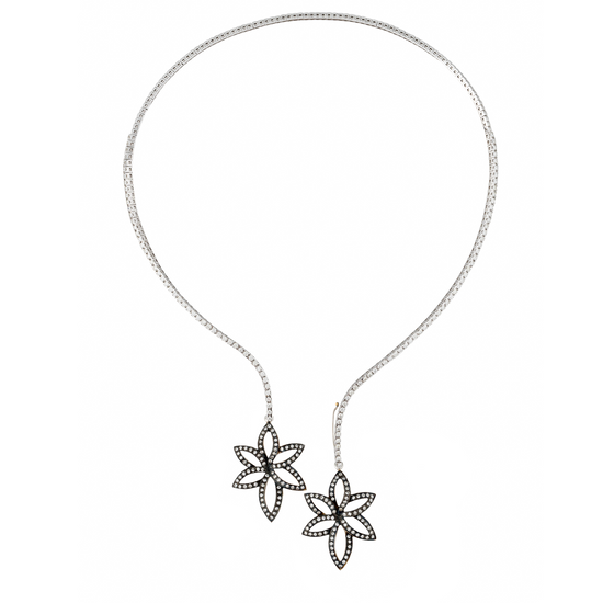 18KT White Gold Diamond Cuff Necklace with 2 Diamond Flower Pendant