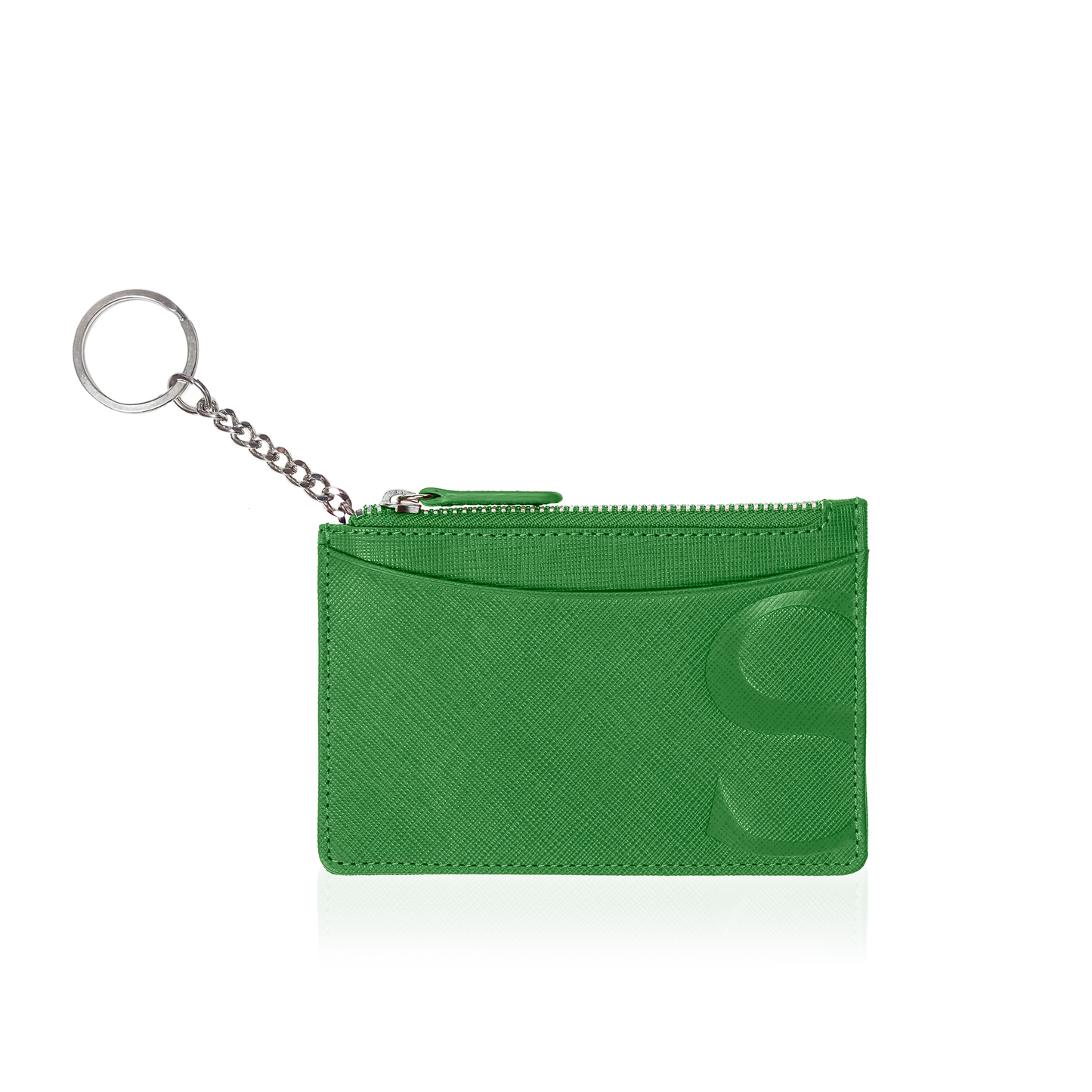 Credit Card Pouch with Keyring in Green Textured Leather.