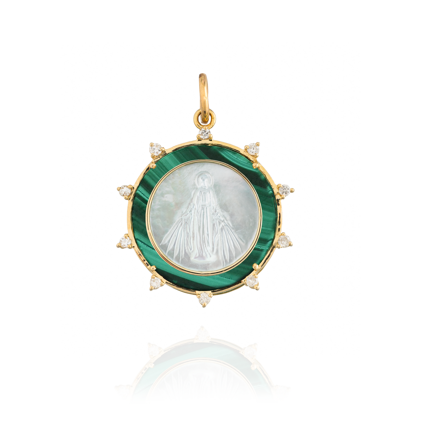 14K Yellow Gold Medal of Miraculous Virgin Mary with Malachite