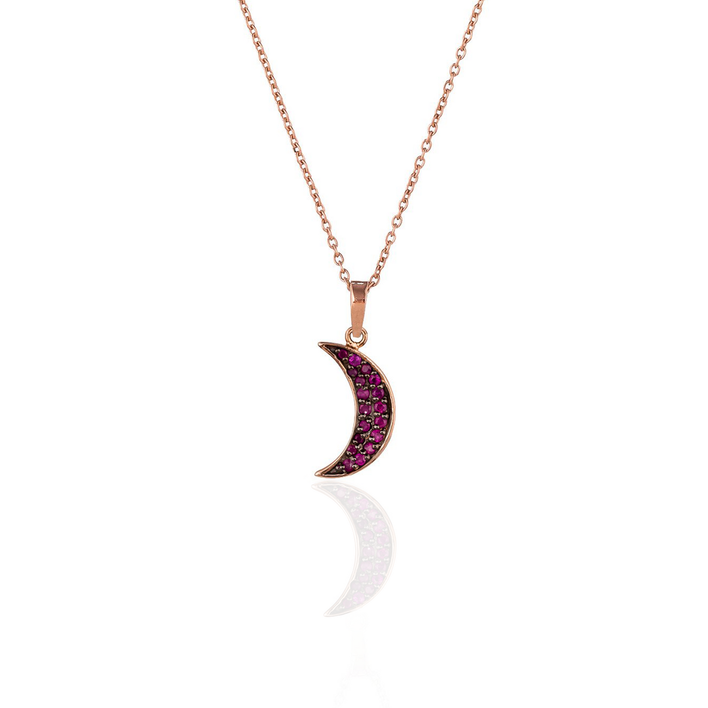 925 Silver Small Moon Necklace with Ruby Pavé