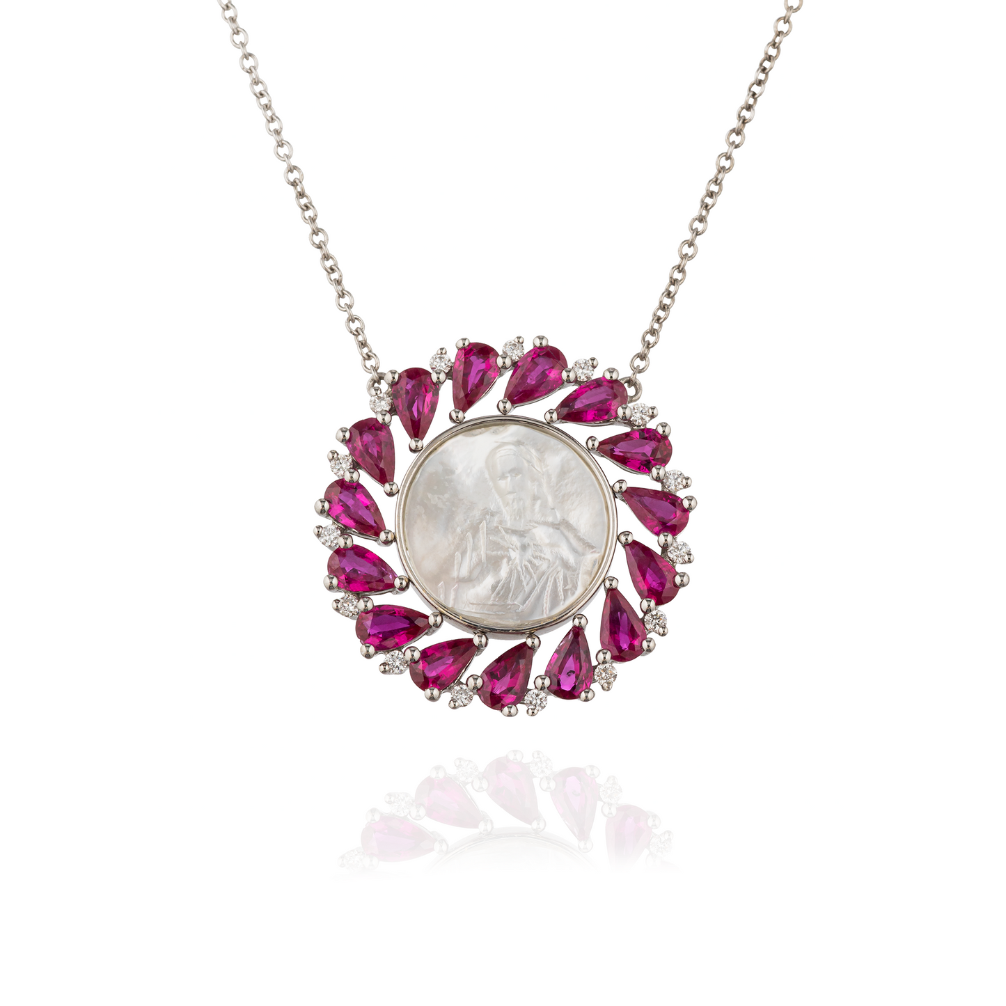 18KT White Gold Necklace with Mother of Pearl (Sacred Heart) with Ruby