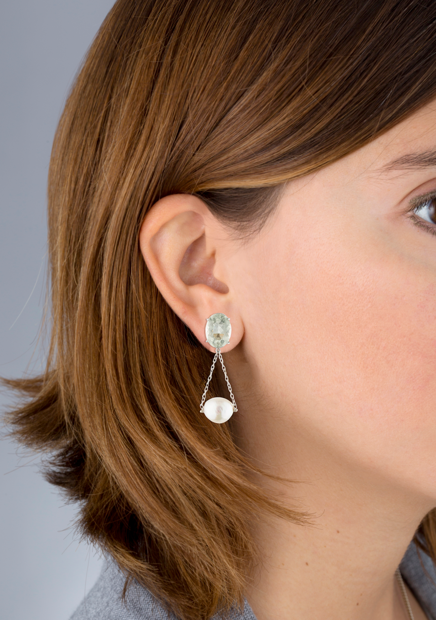 14K White Yellow Gold Earrings with Green Amethyst & Fresh Water Pearl