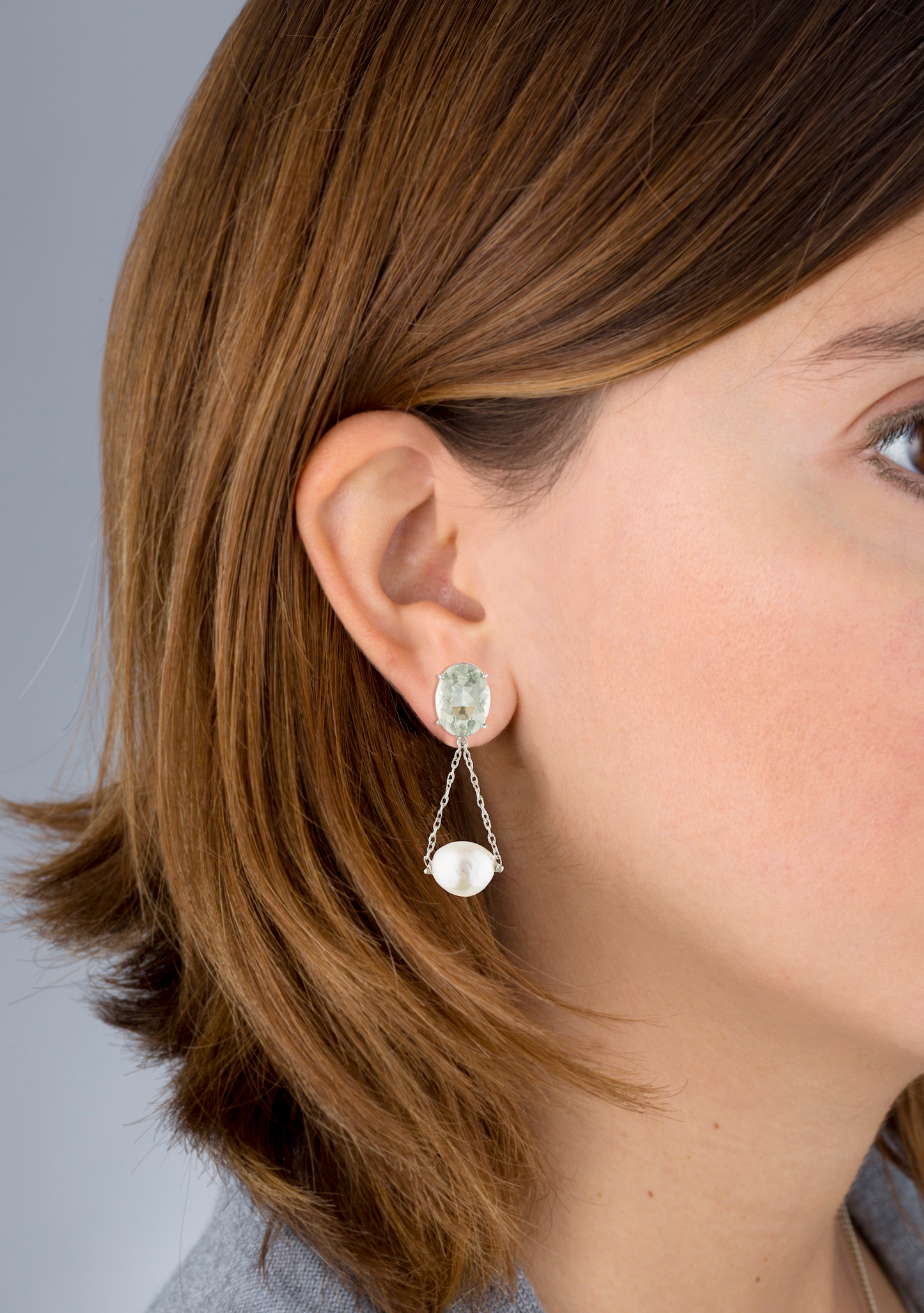 14kT White Yellow Gold Earrings with Faceted Green Amethyst & Fresh Water Pearl