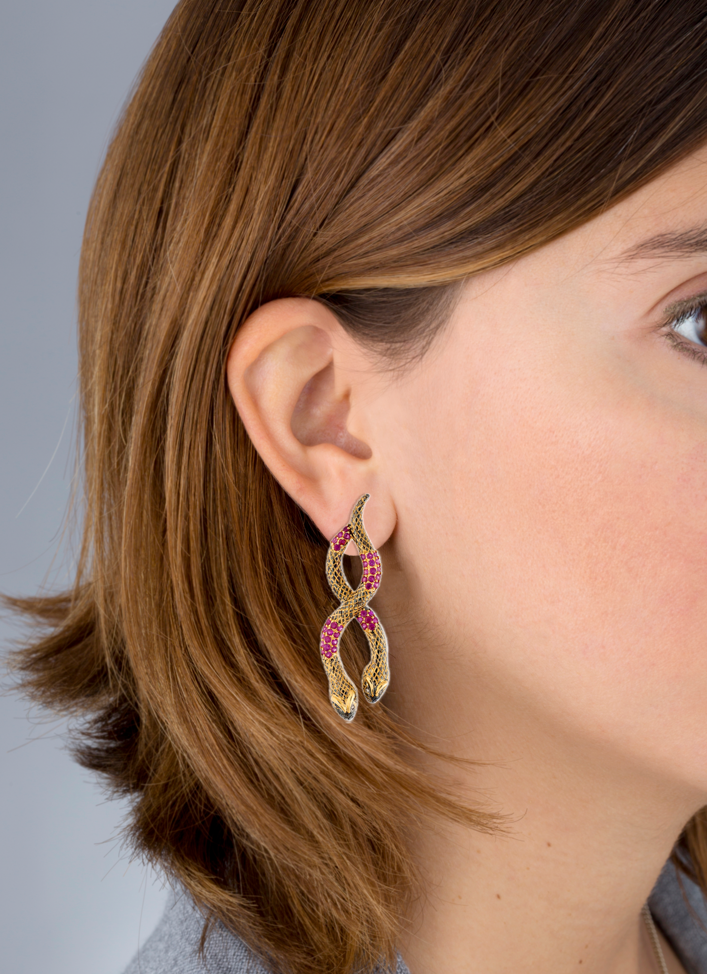 925 Silver Double Snake Earrings with Ruby