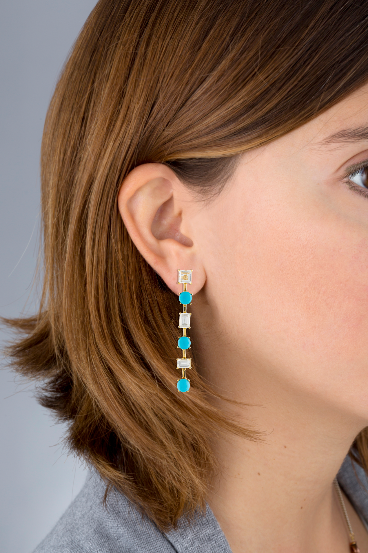 925 Silver Earring Yellow Gold Plated with Turquoise Cabouchon and White Topaz