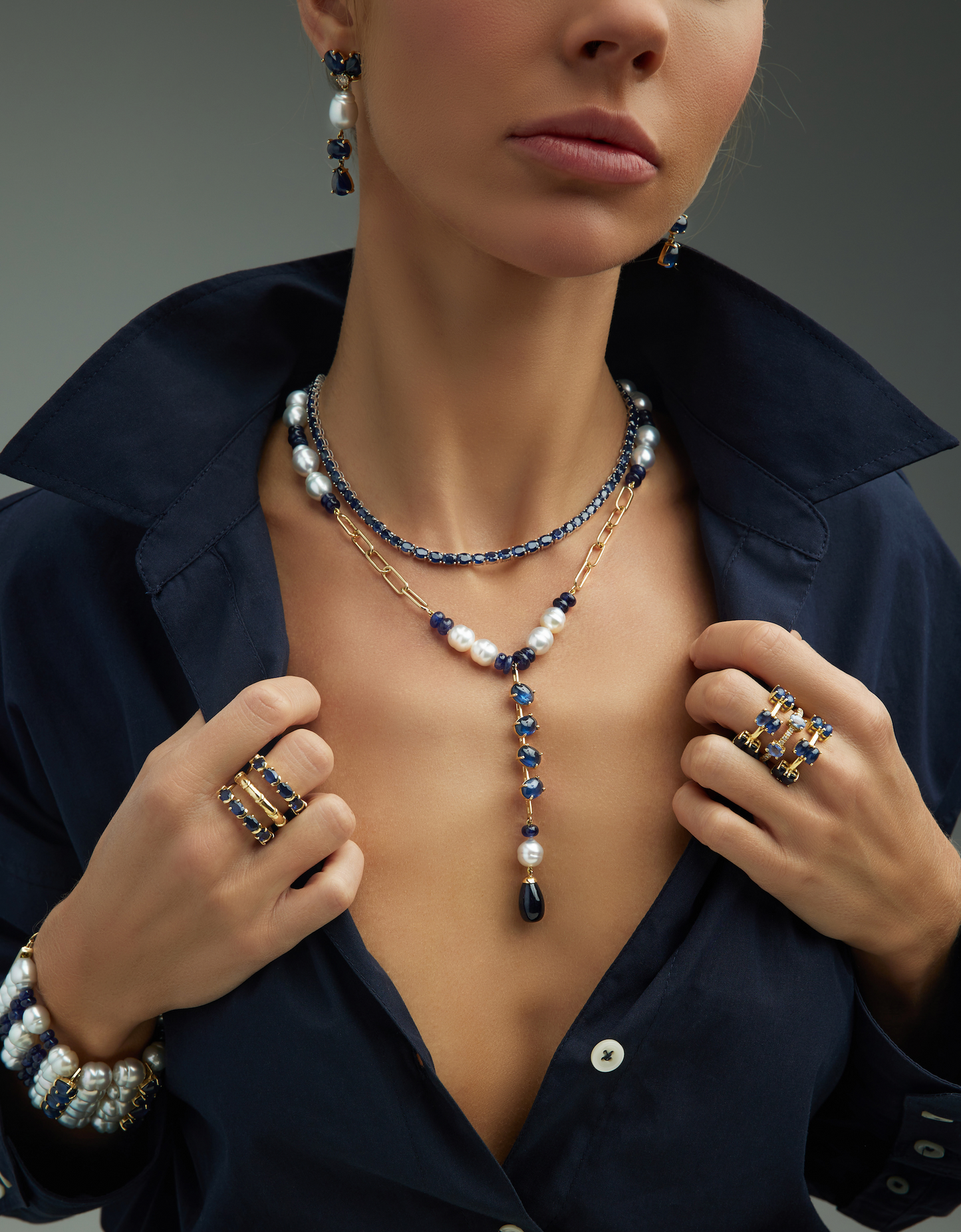 18KT Yellow Necklace with South Sea Pearls & Blue Sapphire