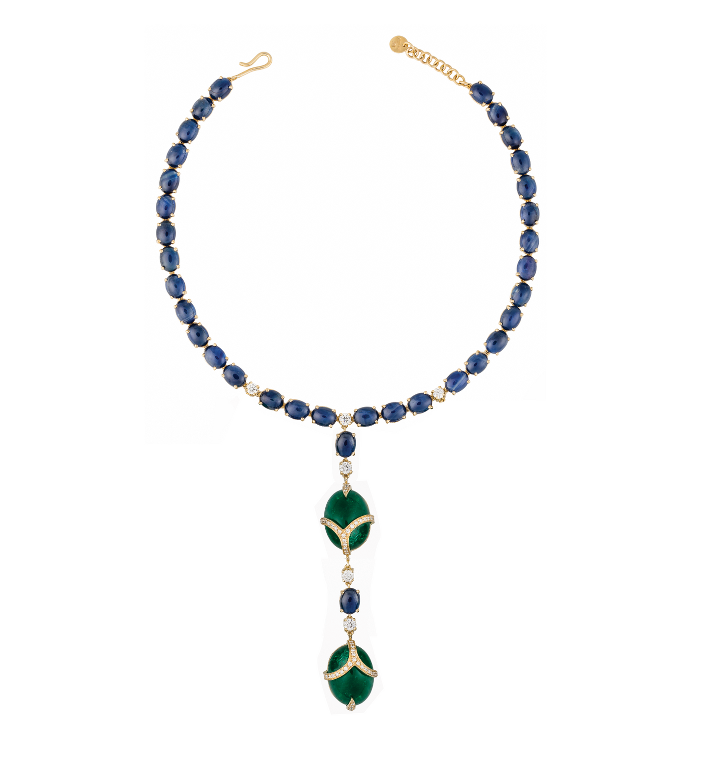 18k Yellow Gold Necklace with Emeralds Cabochon, Blue Sapphires Cabochon, and White Diamonds