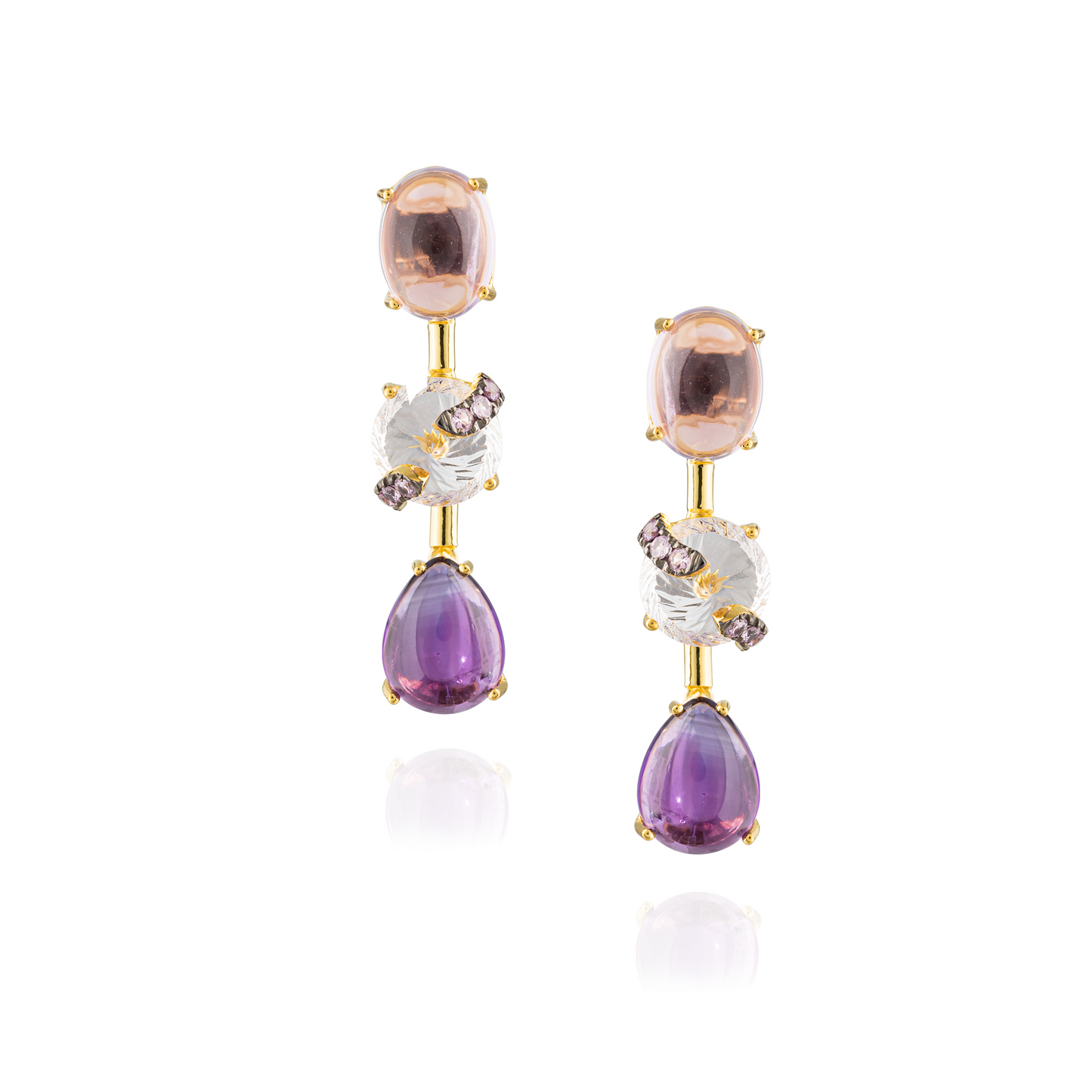 925 Silver 18KT Yellow Gold Plated Amethyst Cabouchon Earrings