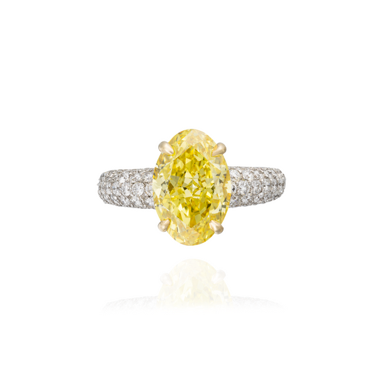 18KT White Gold Ring with White Diamond Pave Band & Yellow Diamond