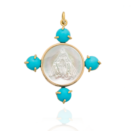 18KT Yellow Gold Medal (Mother of Pearl) Virgin with Turquoise Round Cabouchon