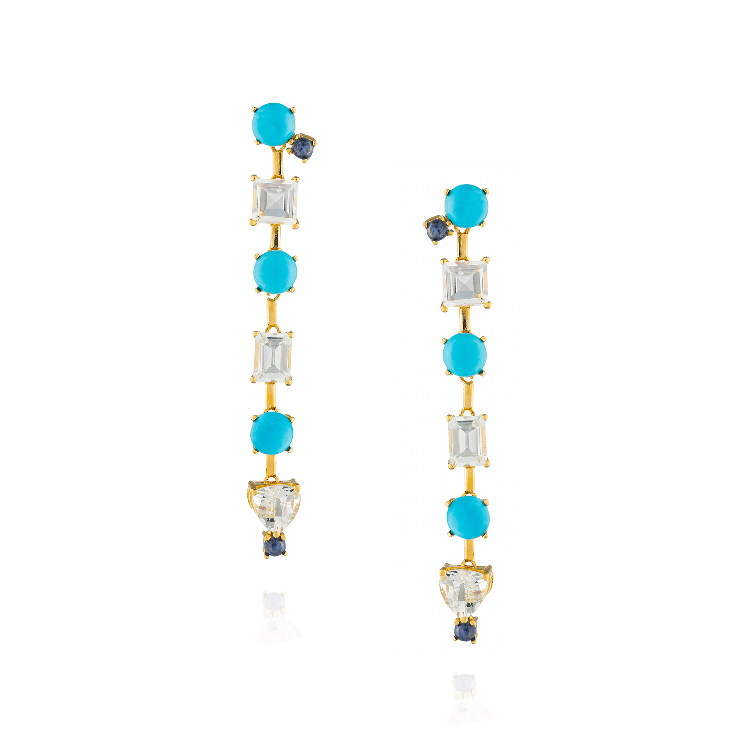 925 Silver Earrings Yellow Gold Plated with Turquoise Cabouchon , White Topaz & Blue Sapphire