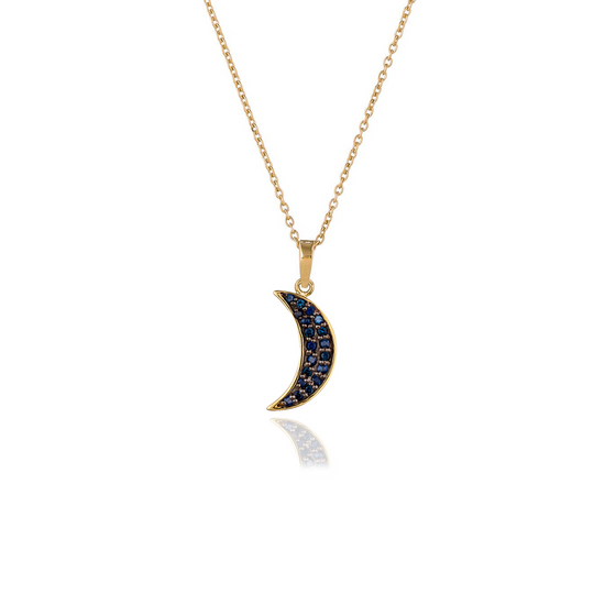 925 Silver Small Moon Necklace plated with Blue Sapphire Pavé