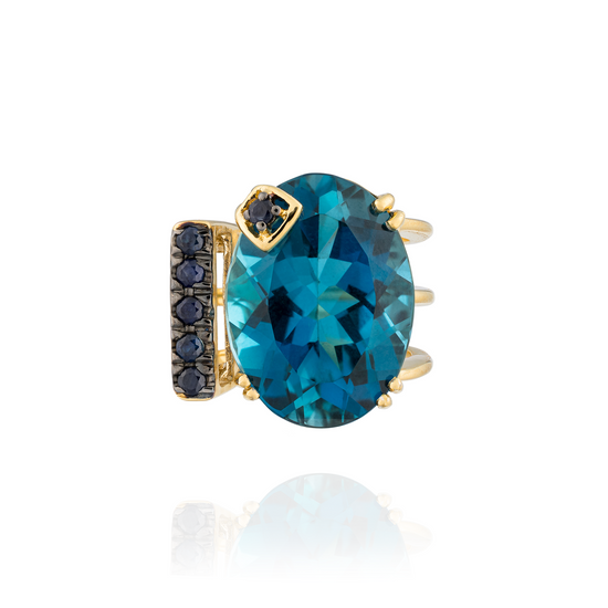925 Silver 18KT Gold Plated Faceted Ring with with Blue Topaz