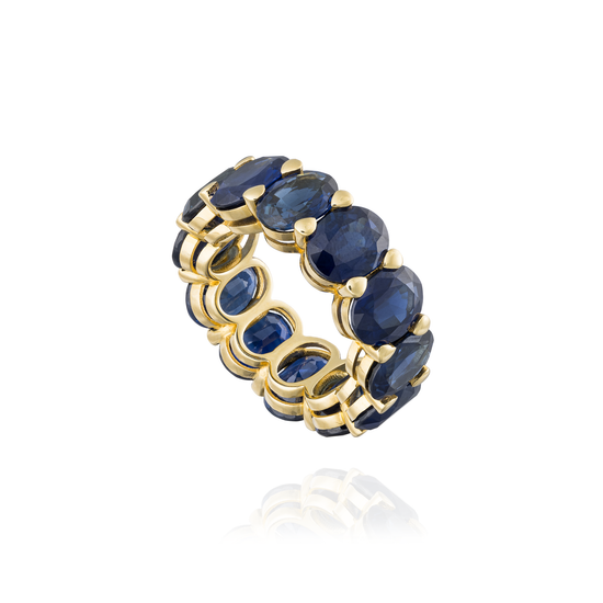 18KT Yellow Gold Eternity Band with Oval Faceted with Blue Sapphires
