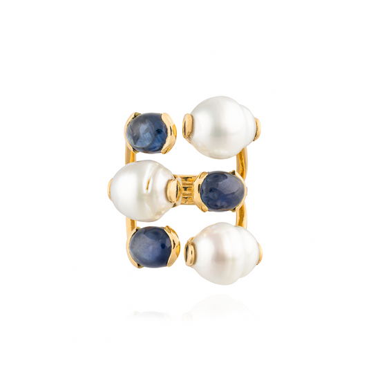 18KT Ring with 3 White Baroque South Sea Pearls & Blue Sapphire