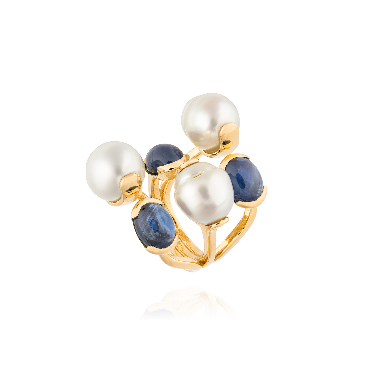 18KT Ring with 3 White Baroque South Sea Pearls & Blue Sapphire