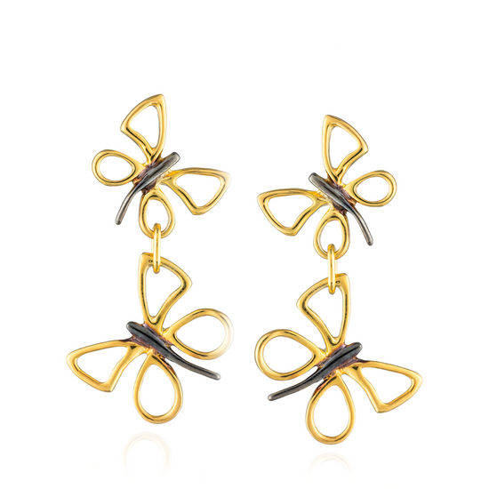 925 Silver Earrings Double Butterflies 18KT Yellow Gold Plated with Black Rhodium