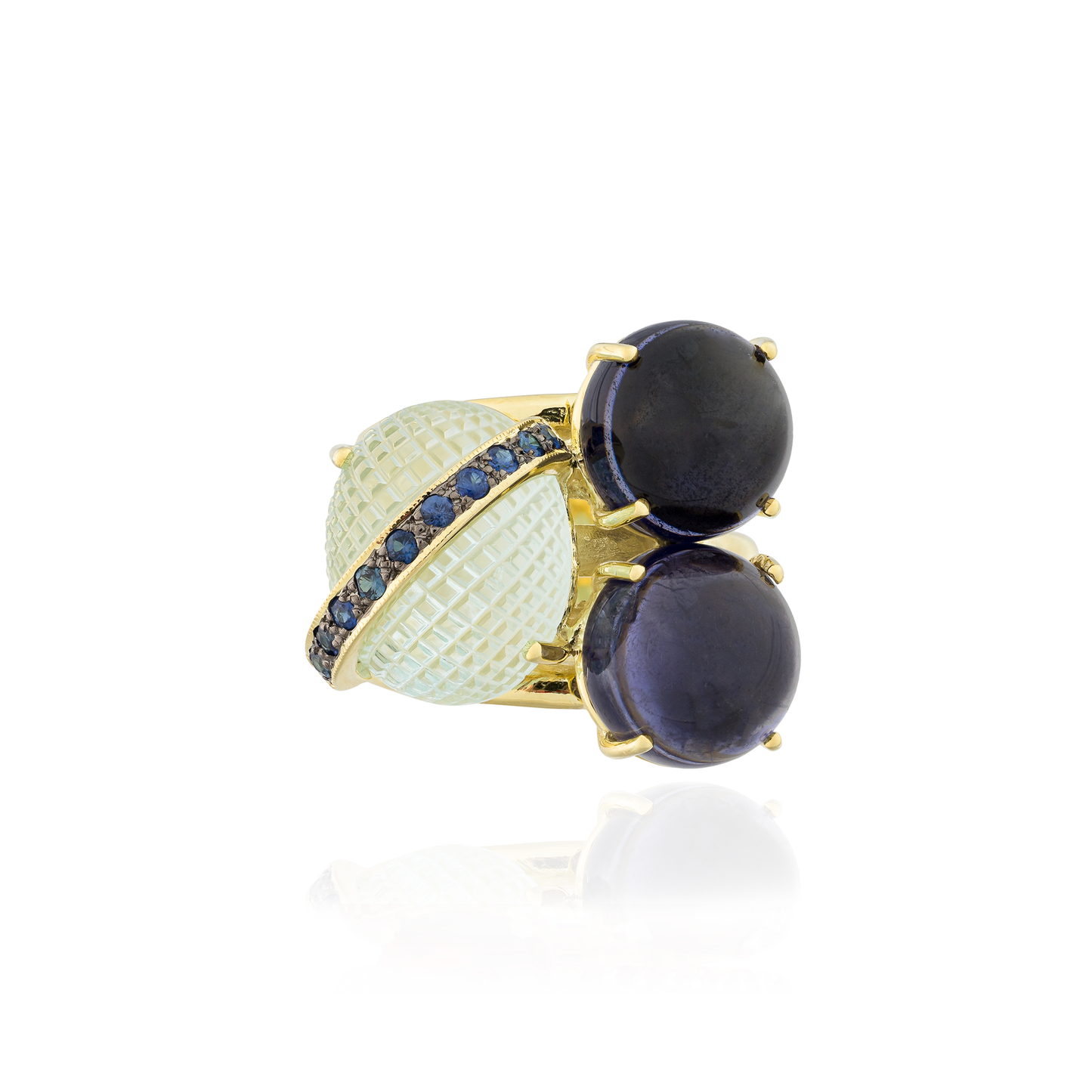 925 Silver Ring Yellow Gold Plated with Iolite Cab, Aquamarine & Sapphire