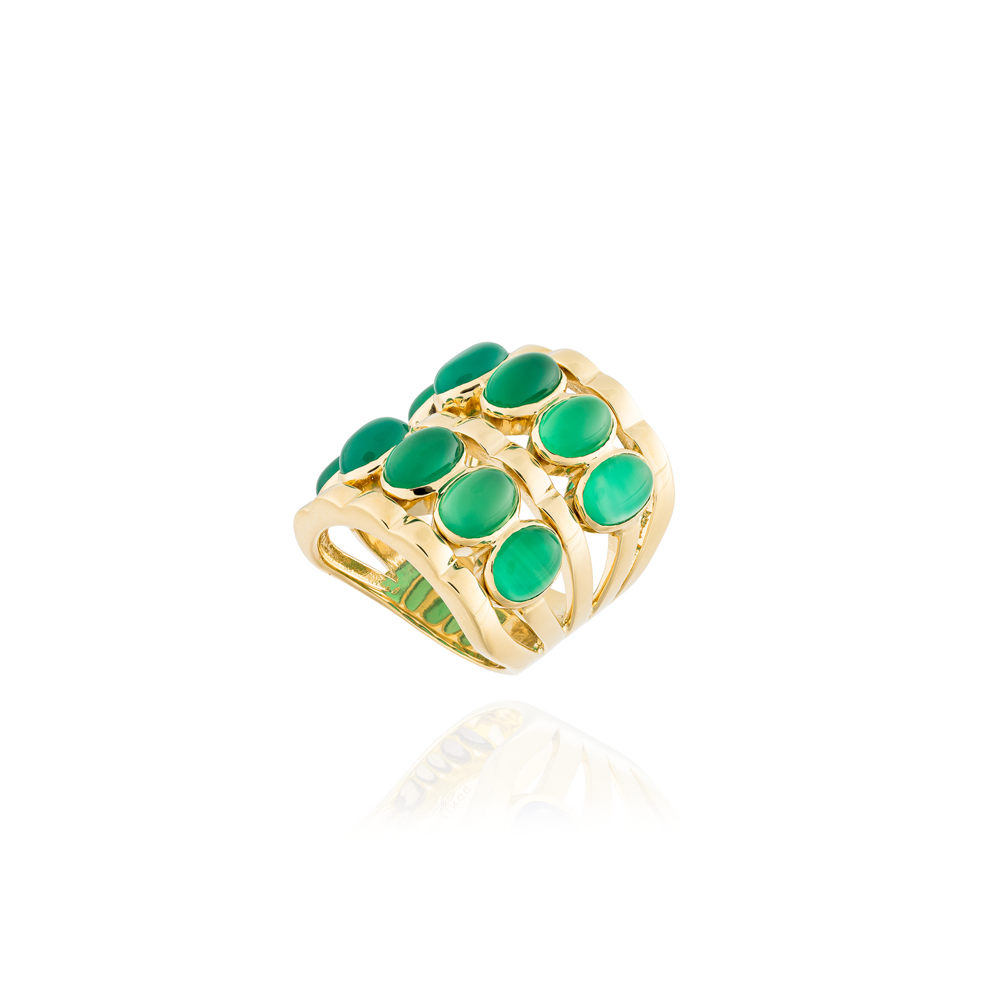 925 Silver Ring Plated in 18K Yellow Gold with Green Onyx   Cabouchon
